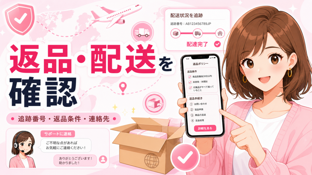 海外通販の返品条件・配送追跡・問い合わせ先を確認するチェック画像